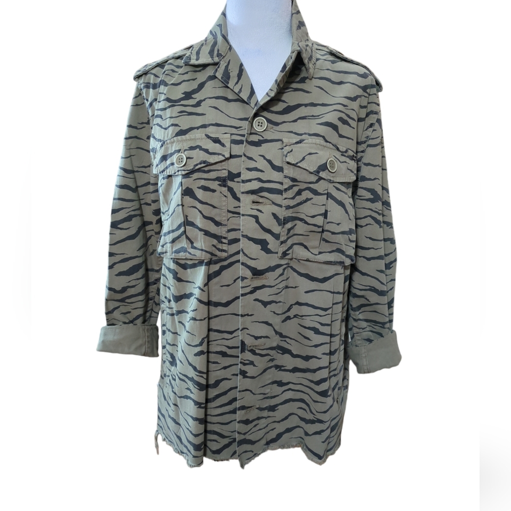 Pistola Anthropologie label olive green and black tiger print jacket/shacket.